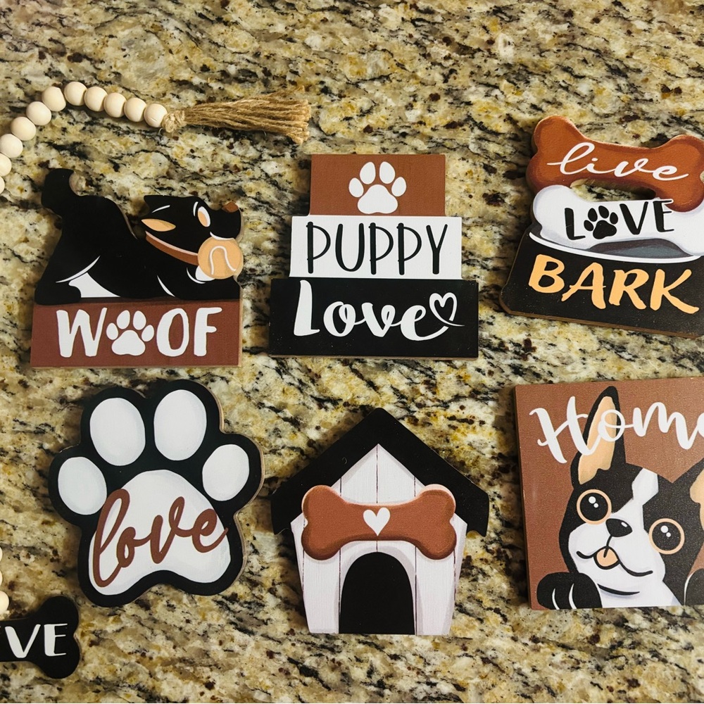 DOG themed tiered tray decorative set featuring farmhouse-style wooden signs 7pc